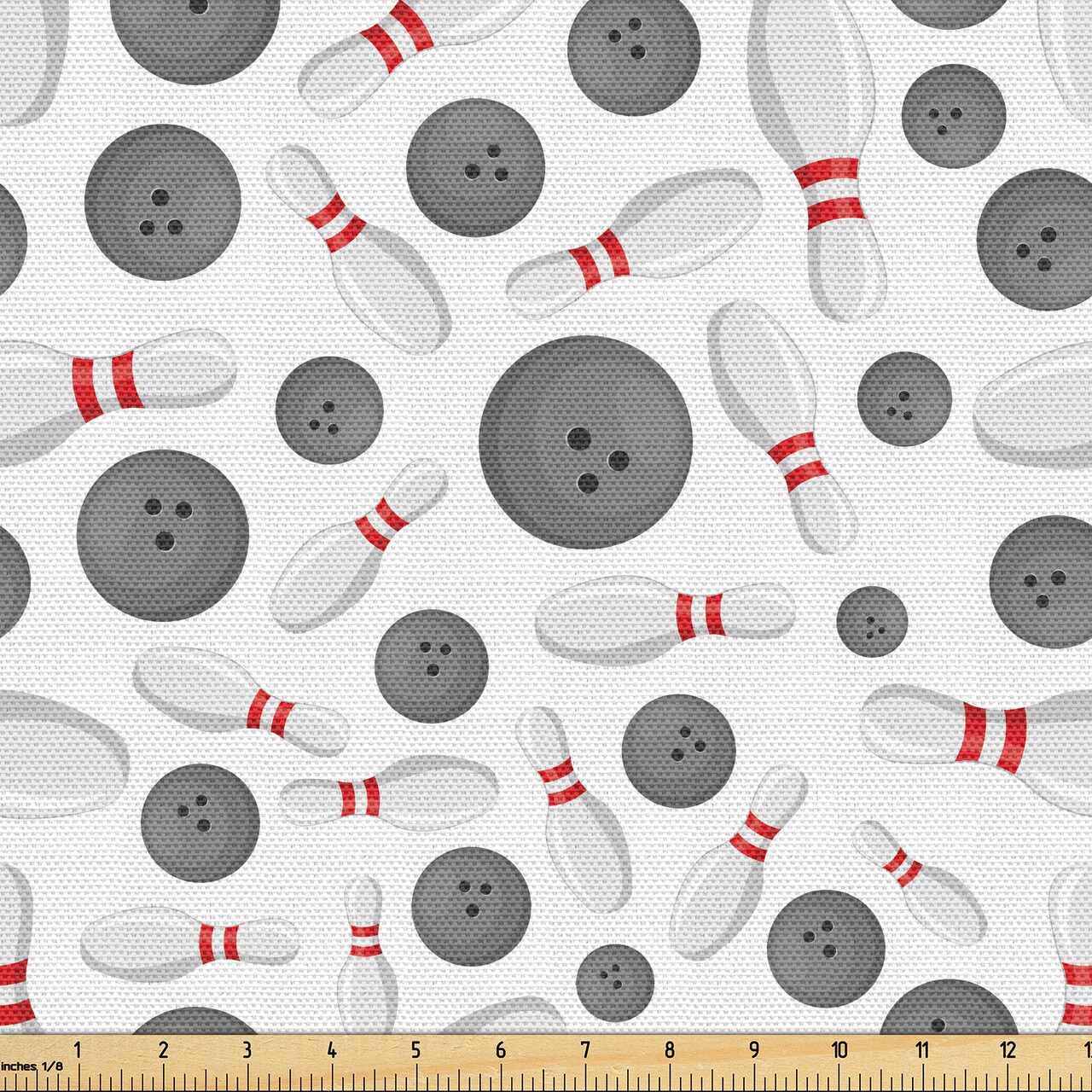 Ambesonne Bowling Fabric by the Yard, Vintage Sports Themed Balls and Pins Pattern with Cartoon Design on Plain Back, Decorative Fabric for Upholstery and Home Accents, White Grey Red
